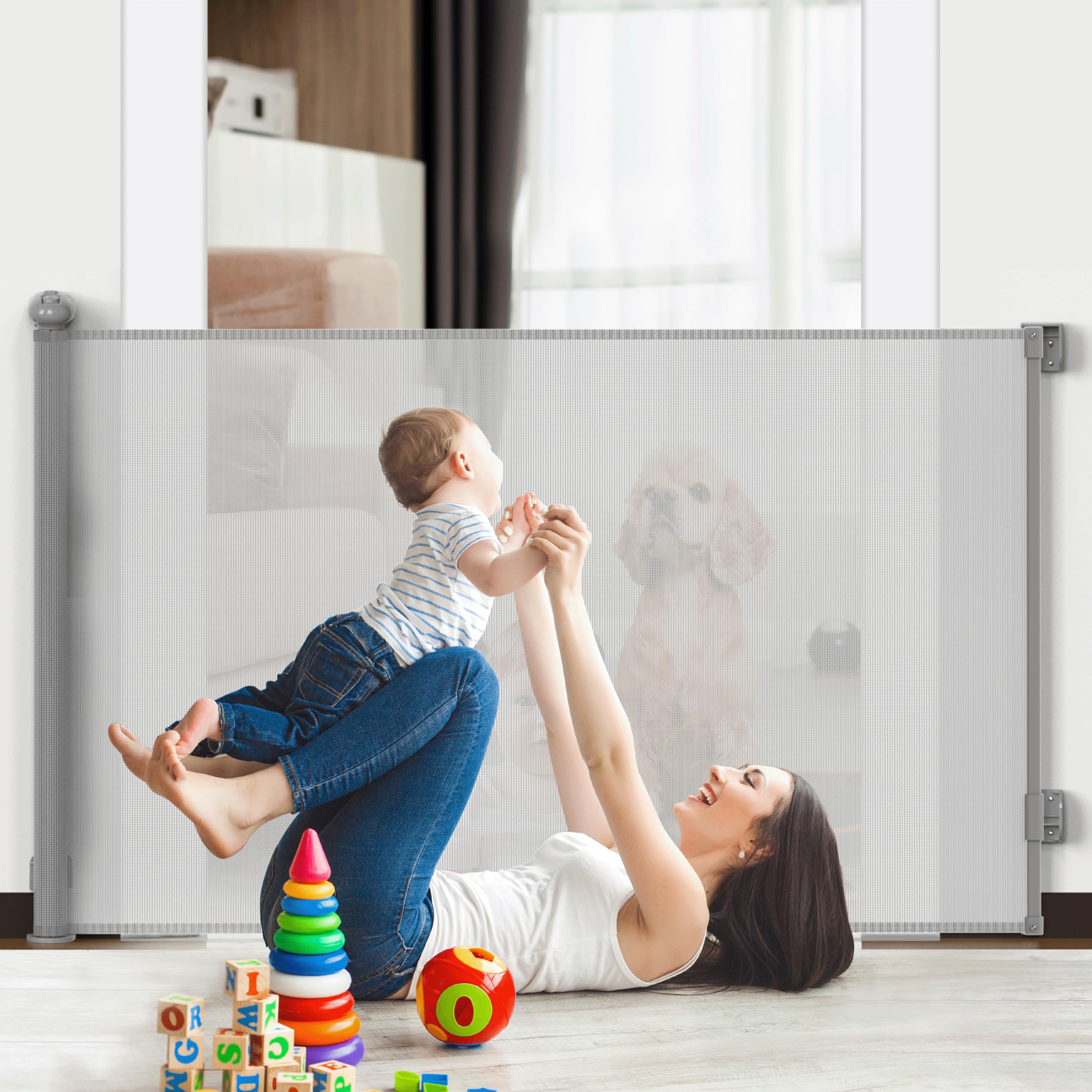 1st Deer Retractable Child Gate Extends up to 140cm/ 55”, One-Hand Operation Baby Gate for Doorways, Stairways & Hallways, Indoor & Outdoor, Door & Stair Gate for Baby, Dogs & Cats, Grey