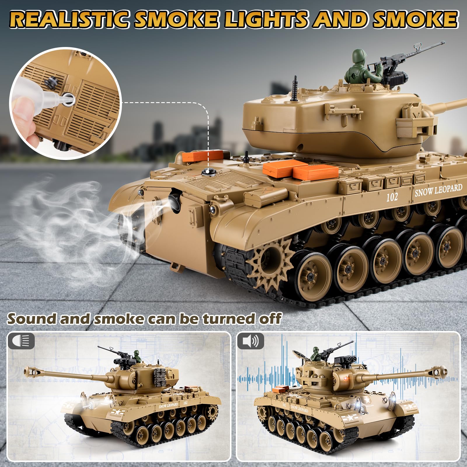 1:18 RC Tank, 2.4Ghz US M26 Pershing Remote Control Model Toys, RC Vehicle Army Tank That Shoots BBS and Water Bombs, Military Toy for Adults and Kids with Smoke, Lights, Sound and Recoil