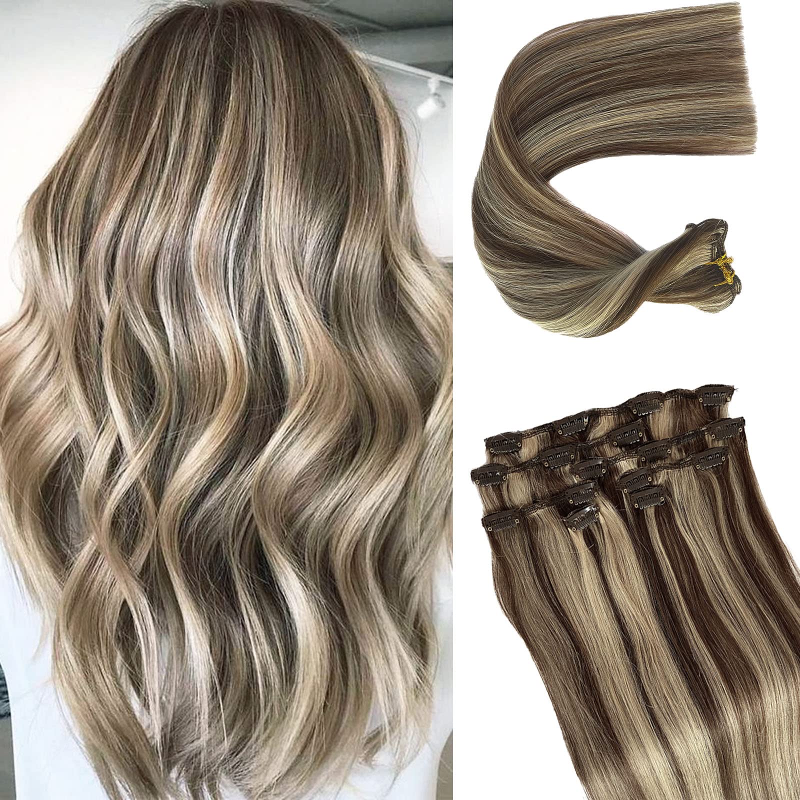 Photo 1 of Valiilo Balayage Human Hair Extensions Clip in Remy Human Hair Brown Fading to Dirty Blonde Highlight Real Remy Hair Extensions Clip on Extensions 12inch for White Women 7pcs 70g, 2.4692 Ounce