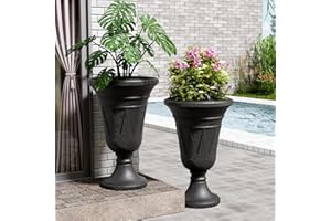 FONTOI 23" Tall Plastic Urn Planter (2-Pack) – Planters for Outdoor Plants with Drainage Holes & Trophy Design, Heavy-Duty Classic Indoor Large Flower Pots for Home Garden, Front Porch & Decor, Black