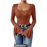 winkbay Women's Bell Long Sleeve Fitted Tops Fall Dressy Casual Square Neck Ribbed Knit T Shirts
