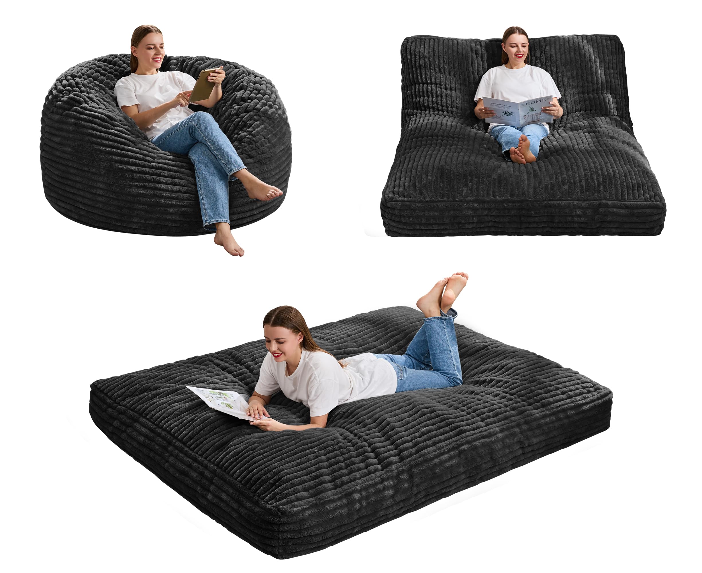 Photo 1 of ***FACTORY SEALED***Hobestluk Bean Bag Chair Convertible Beanbag Chairs for Adults, 3 in 1 Bean Bags with Stripe Cover, Adult Bean Bag Chair for Living Room, Bedroom (Black, Full)