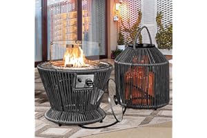 NICESOUL® Clearance Portable Propane Fire Pit for Outside Boho Tabletop Firepit with Solar Lamp Cover of Propane Tank Closeout Grey PE Wicker Round Fire Table for Small Balcony Sales