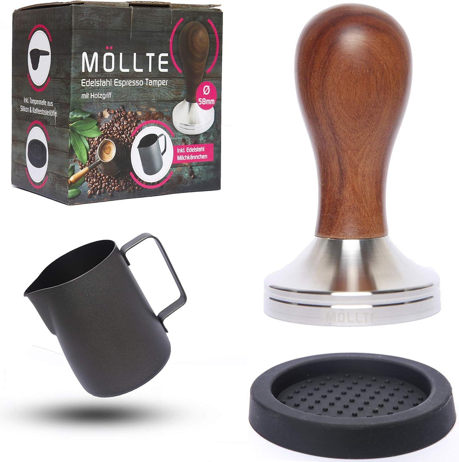 MÖLLTE Kaffee Tamper Set aus Edelstahl mit Holzgriff Espresso Tamper mit Milchkännchen