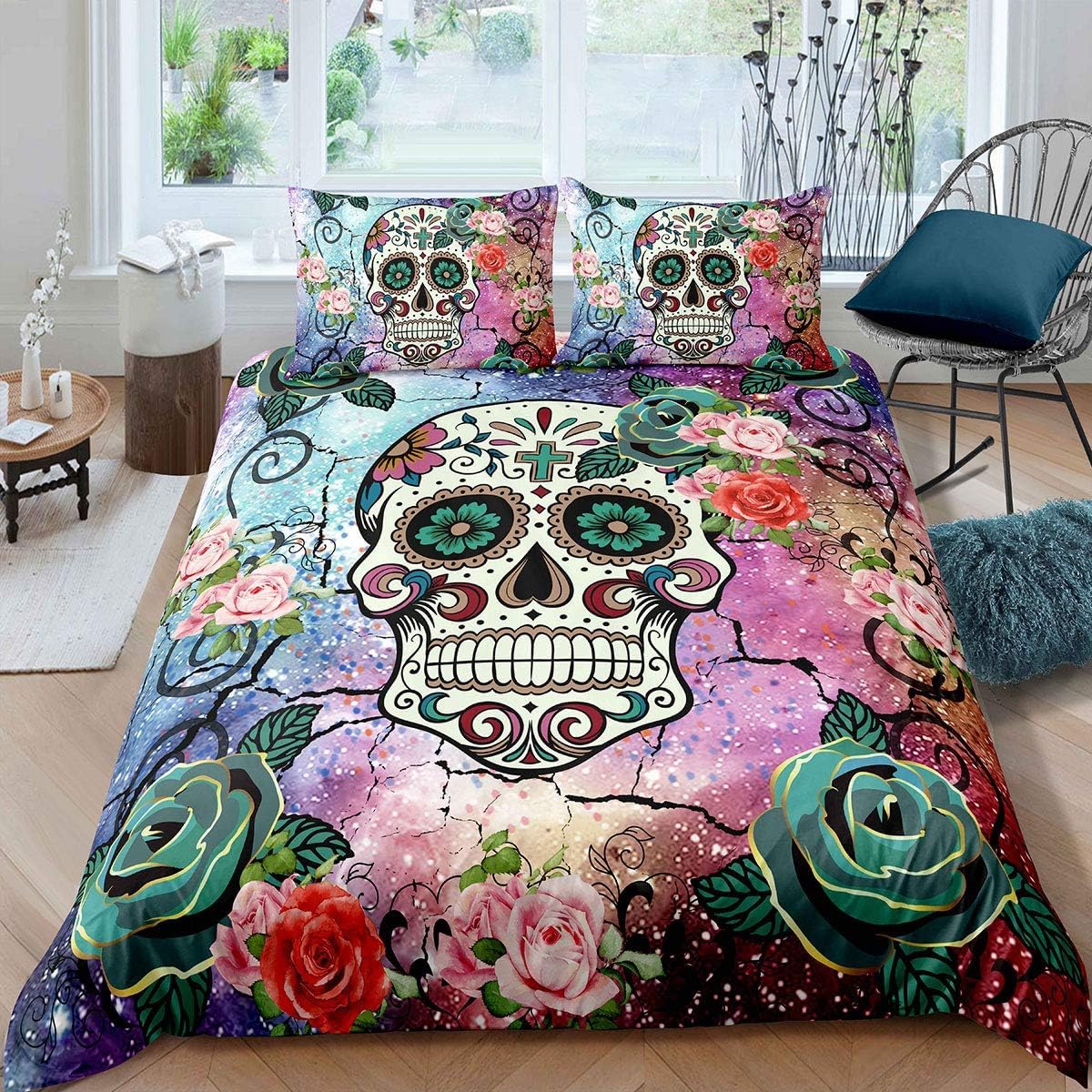 Loussiesd Super King Duvet Cover Set Sugar Skull Print Bedding Set 3D Floral Bones Pattern Decorative Flowers Microfiber Polyester Comforter Cover with 2 Pillow Shams, 3 Pieces, Zipper, Watercolor — image 1