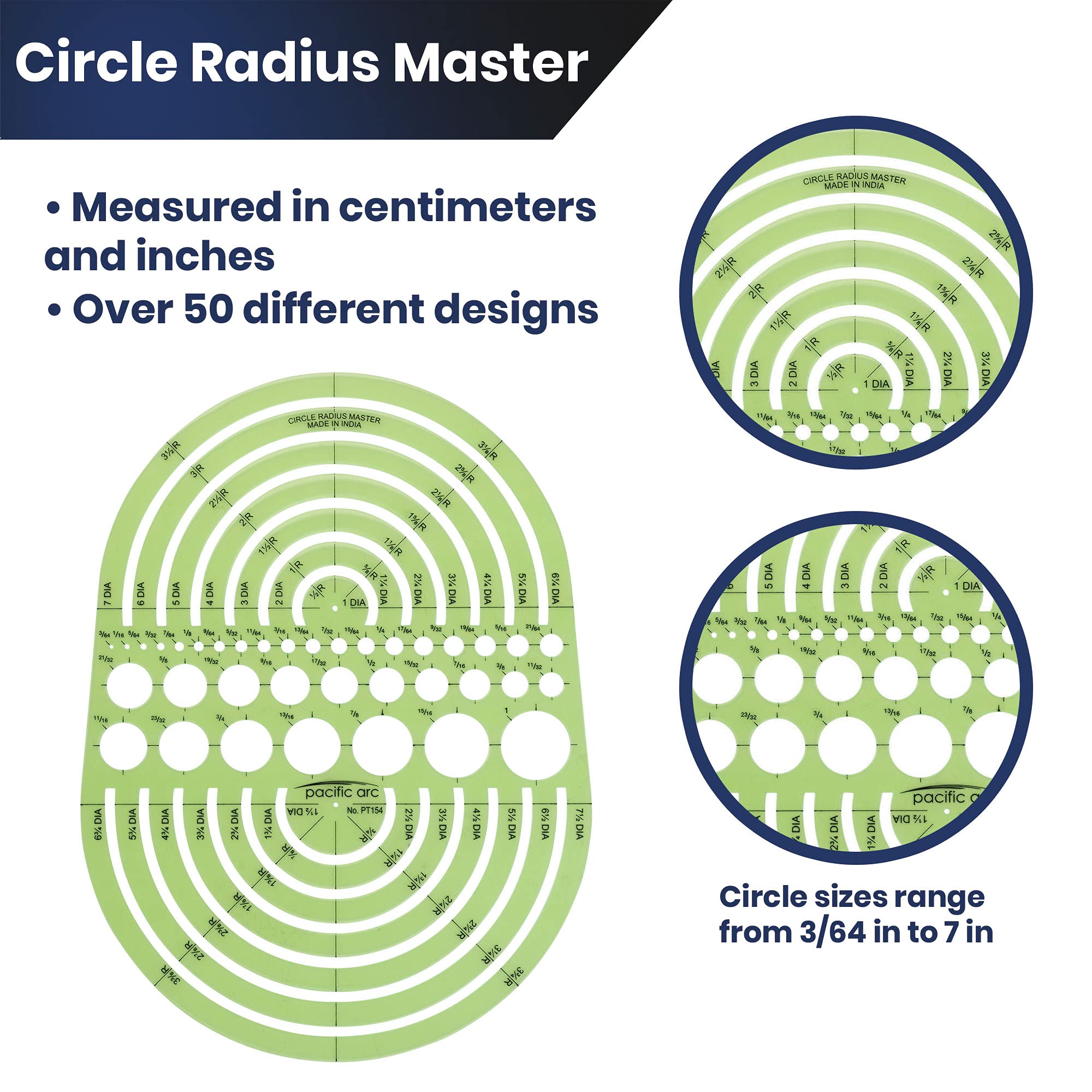 Pacific Arc Circles Radius Master Template Guide, from 1/2 Inch to 3 3/4 Inch Radius and 36 Perfect Circles from 3/64 to 1 Inches