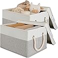 LoforHoney Home Fabric Storage Bins with Lids for Organizing, Foldable Closet Storage Boxes for Shelves, Clothes Baskets with Cotton Rope Handles, Large, Beige & Gray, 2-Pack