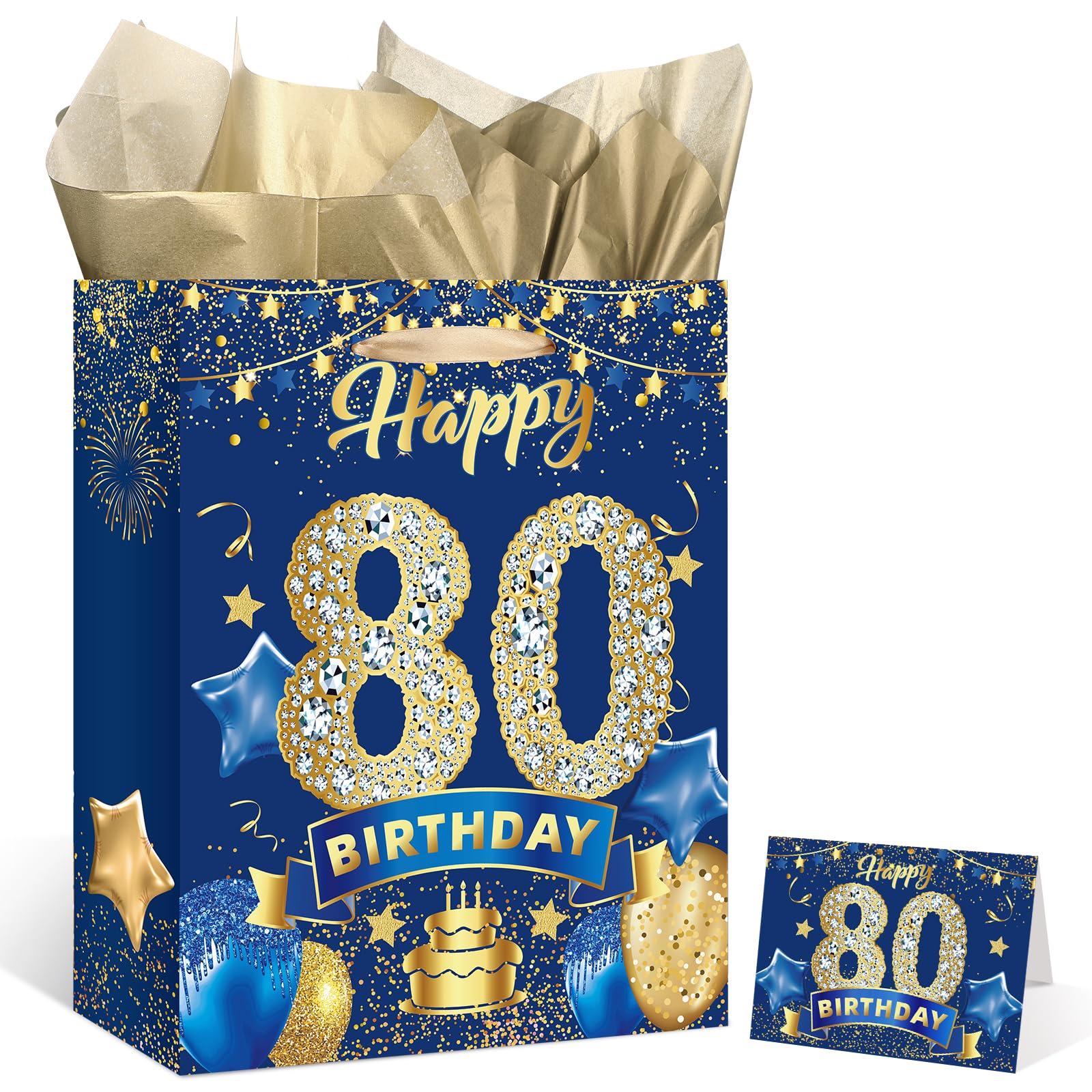Photo 1 of Blue 80th Birthday Gift Bag, Large Navy Blue and Gold Happy 80th Birthday Gift Wrap Bag with Card and 3pcs Tissue Paper for Men Women 80 Years Old Anniversary Party Favors Goodie Wrapping Bag Supplies