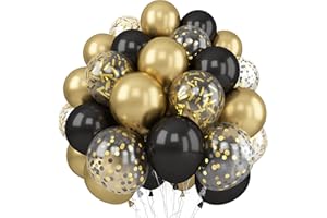 TOGVU Balloons Black Gold, 60 Packs 12 Inch Black Metallic Chrome Gold Latex Balloons with Gold Confetti Balloon for Men Women Birthday Wedding Baby Shower Graduate Father's Day Anniversary Decorations