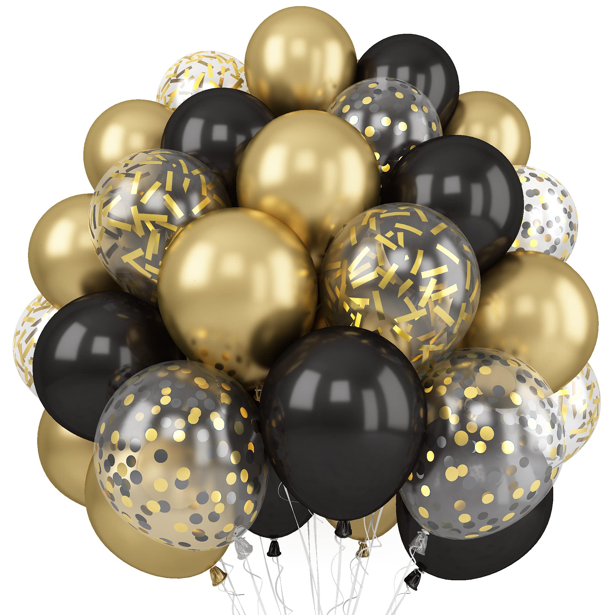 Balloons Black Gold, 60 Packs 12 Inch Metallic Chrome Gold Black Latex Balloons with Gold Confetti Balloon for Birthday Wedding Anniversary New Year NYE Graduate Father's Day Decorations