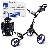 SereneLife Golf Push Cart 3 Wheel, Ultra Lightweight Aluminum Foldable Cart with Adjustable Handle, Quick-Fold, New-Version Scorecard, Phone/Cup/Umbrella Holders, Cooler Storage