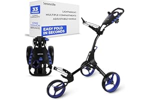 SereneLife 3-Wheel Foldable Golf Push Cart with Adjustable Handle, Deluxe Scorecard Holder, Cup and Umbrella Mount, Cooler Storage, Lightweight Aluminum Frame, Quick Folding Compact Golf Trolley