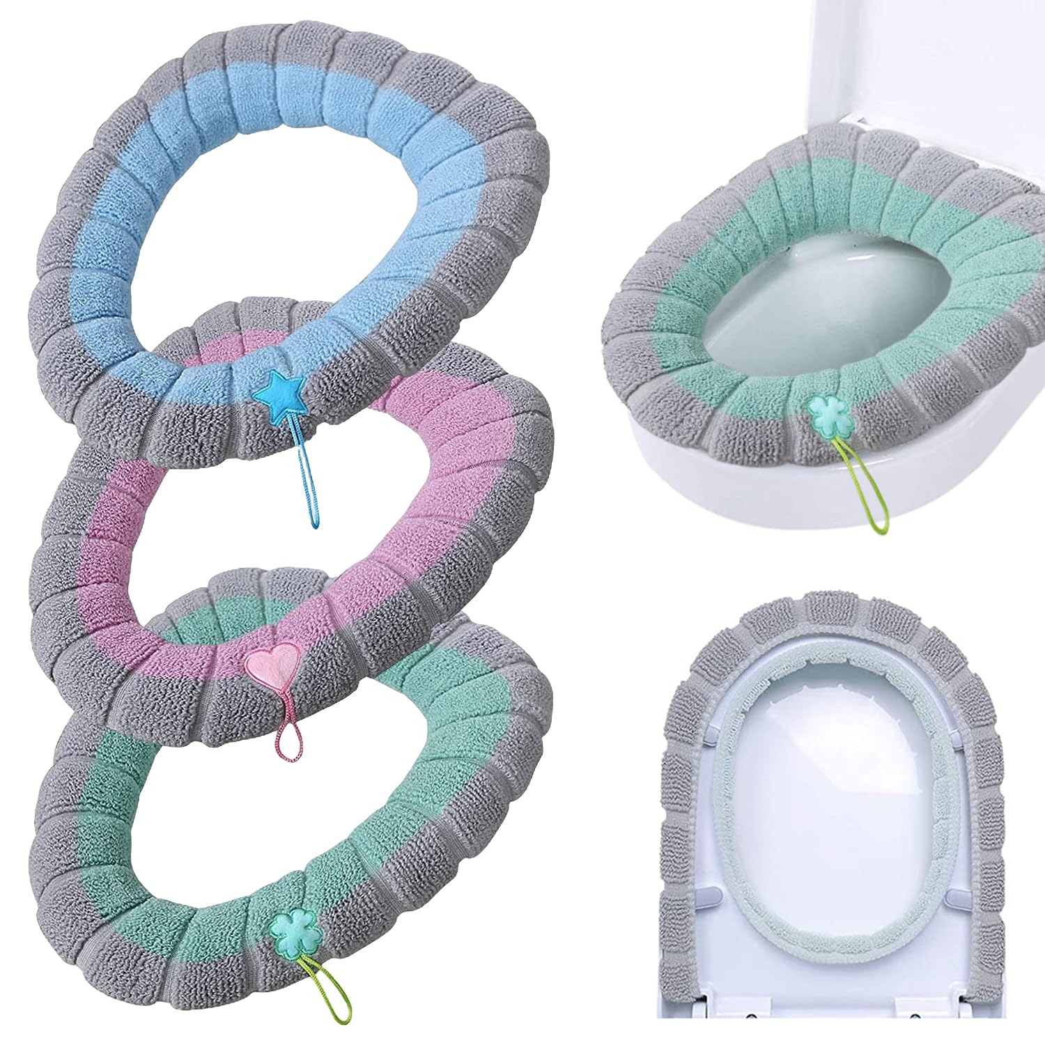 Toilet Seat Pad Toilet Seat Covers with Handle Soft Bathroom Toilet Lid Cover Cushion Thicker Stretchable Washable Universal Size (Two-Tone)