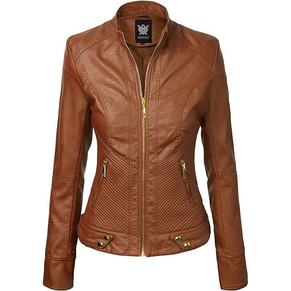 WJC747 Womens Dressy Vegan Leather Biker Jacket XS Camel