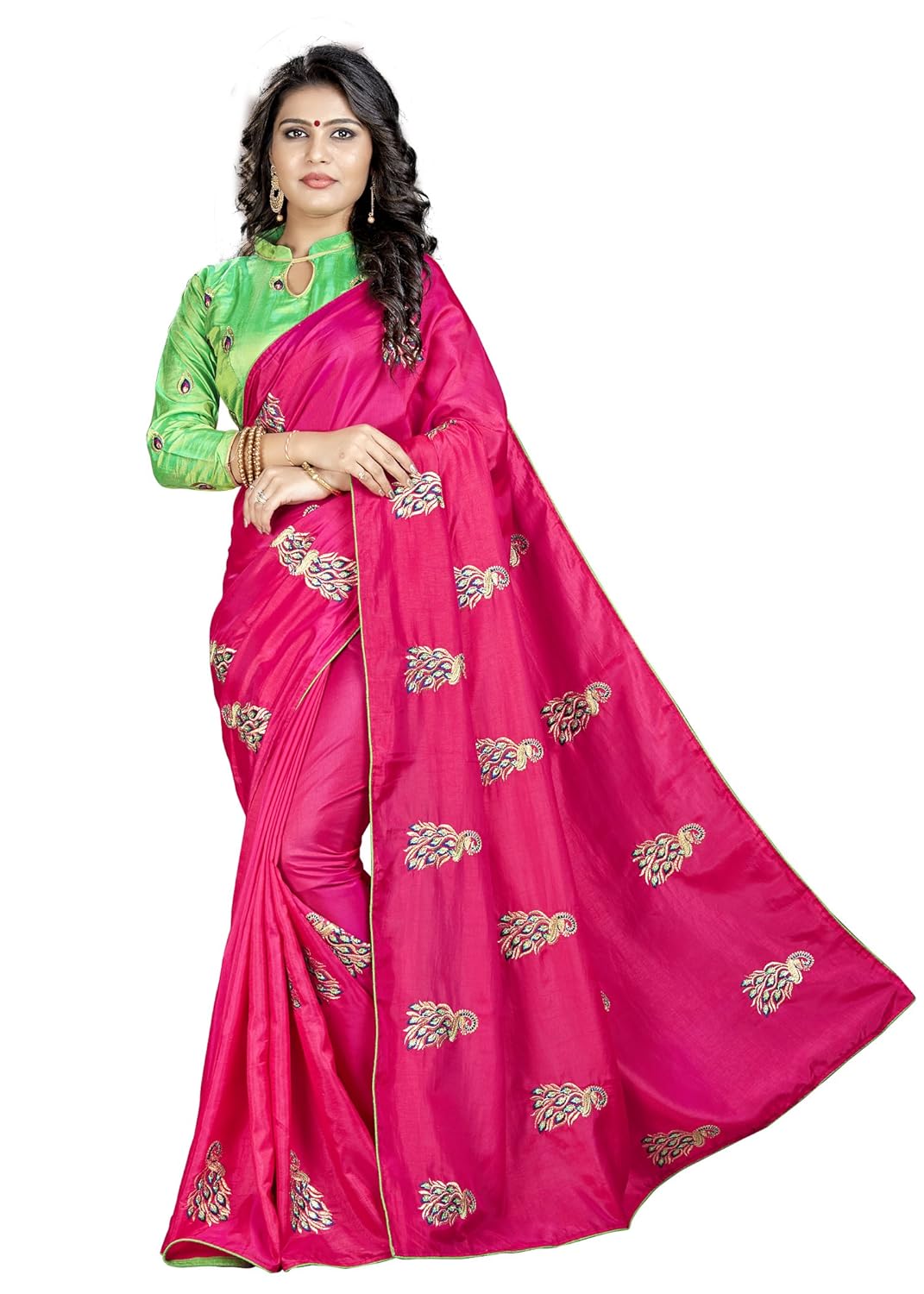 kimisha pink silk embroidered saree with contrast blouse