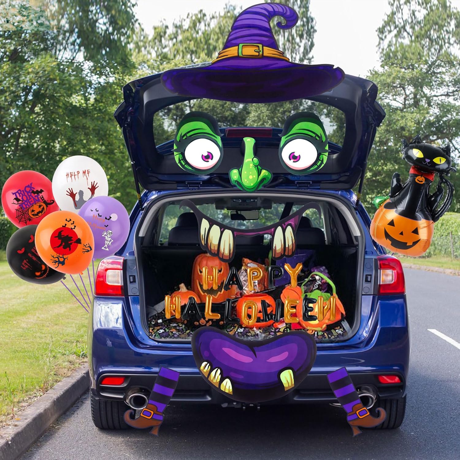 Garage Door Decorations - Halloween Trunk or Treat Car Decorations Kit with Witch Happy Halloween Banner Balloons, Scary Halloween Decorations Car Archway Trunk or Treat Kit for SUV, Outdoor Halloween Garage Door Decorations