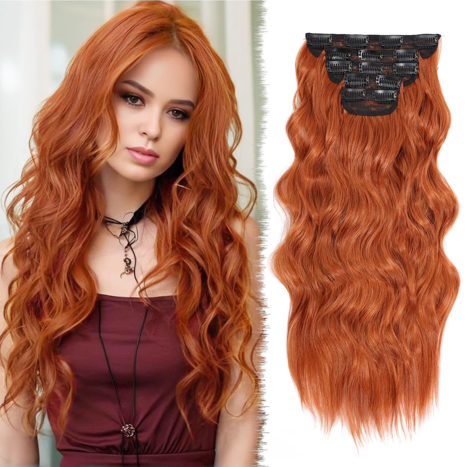 Photo 1 of WOKAA Clip in Hair Extensions for Women 20 Inch 5Pcs Long Wavy Curly Auburn Copper Red Hair Extensions Clip ins Full Head Synthetic Hair Extension for Women