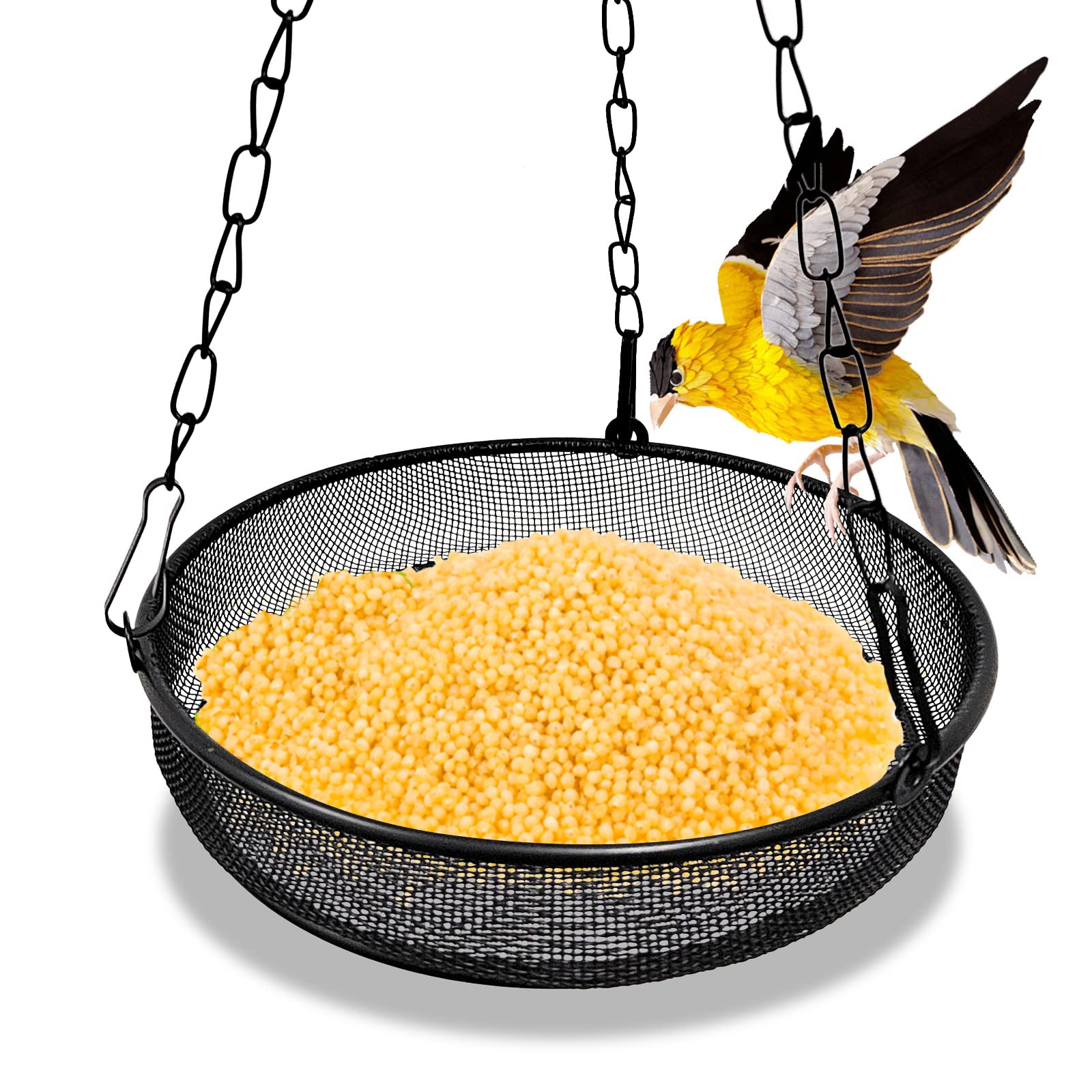 Hanging Bird Feeder with Tray, Metal Bird Feeder Seed Catcher Tray Feeding Dish with Chain for Garden Outdoor Black