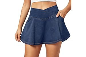 IUGA Stretchy Denim Skort V-Waist Jean Skort with Pockets High Waisted Mini Jean Skirt with Shorts Underneath
