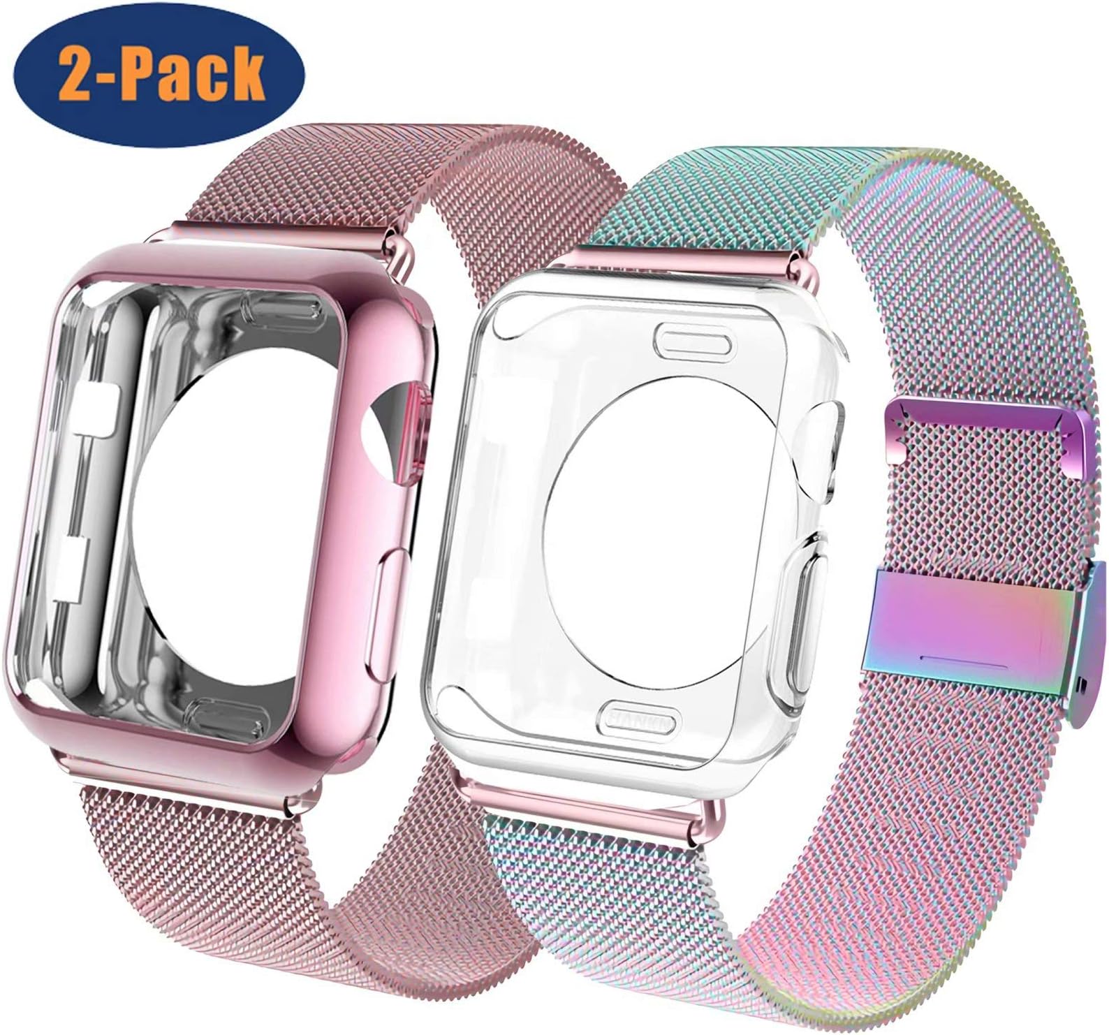 OHCBOOGIE Compatible with Apple Watch Band 38mm 40mm 42mm 44mm with Case, Wristband Loop Replacement Band Compatible Iwatch Series 5,Series 4,Series 3,Series 2,Series 1,2pack