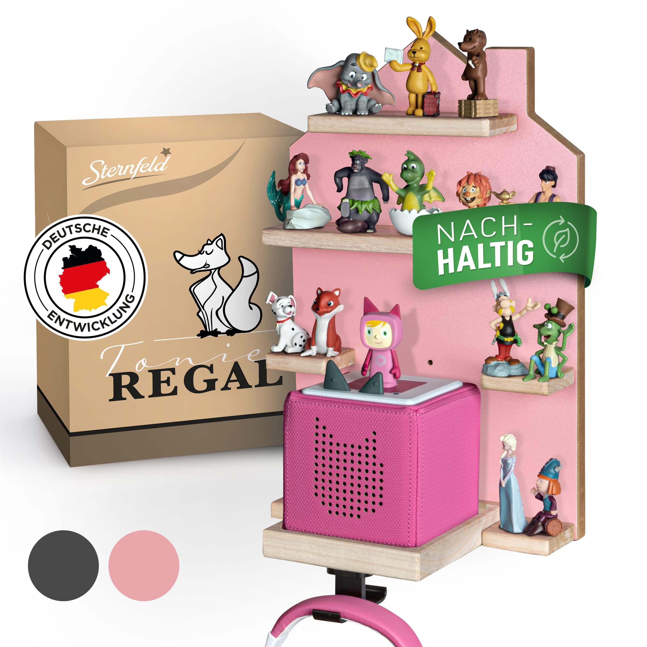 STERNFELD Tonie Magnetic Shelf for Toniebox & Tonies Hearing Figures - Pre-Assembled - [43 x 82 cm] - Sustainable Children's Room - Toni with Rounded Corners, STE-TR1000, Pink