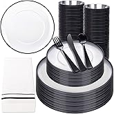 NOCCUR 350PCS Clear and Black Plastic Plates - Disposable Dinnerware Set for 50 Guests Include 100 Dinner/Dessert Plates,150 Black Cutlery,50 Cups&50 Napkins Ideal for Party/Birthday/New Year