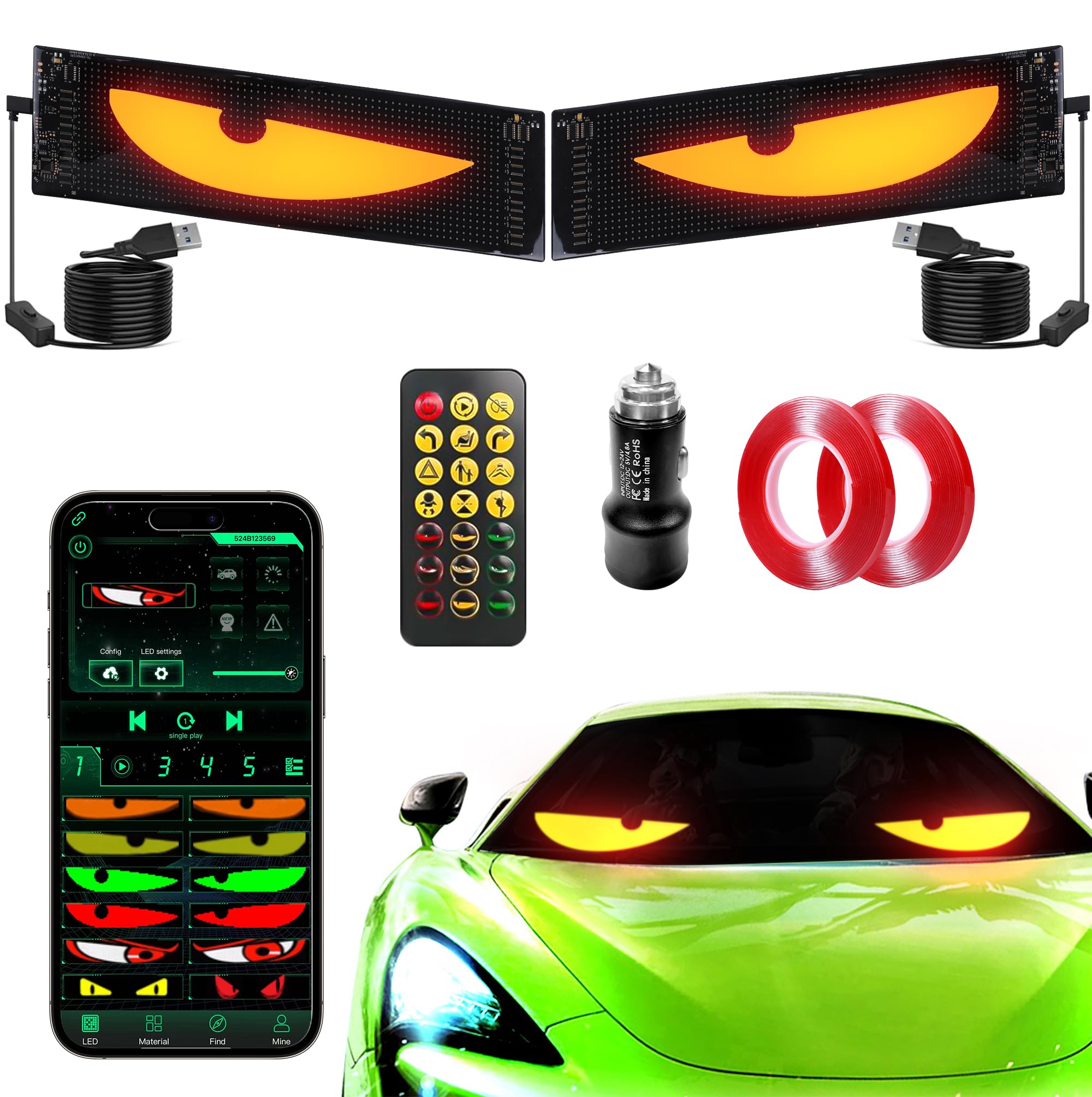 Photo 1 of ***(PARTS ONLY/ MISSING PARTS/NON FUNCTIONAL)***Sachie Devil's Eye 2-Pack:14"x4.3" Programmable ojos led para carro Windshield Display for Sedans, SUVs & Medium Trucks - USB-Powered LED Matrix Panel, Remote/App Control, Custom Car Sign