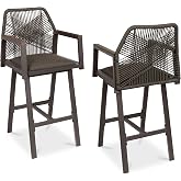 Best Choice Products Outdoor Bar Stools Set of 2, Bar Height, 360&deg; Swivel Aluminum Frame, All-Weather Woven Rope Chair Design w/Armrests - Brown/Mocha