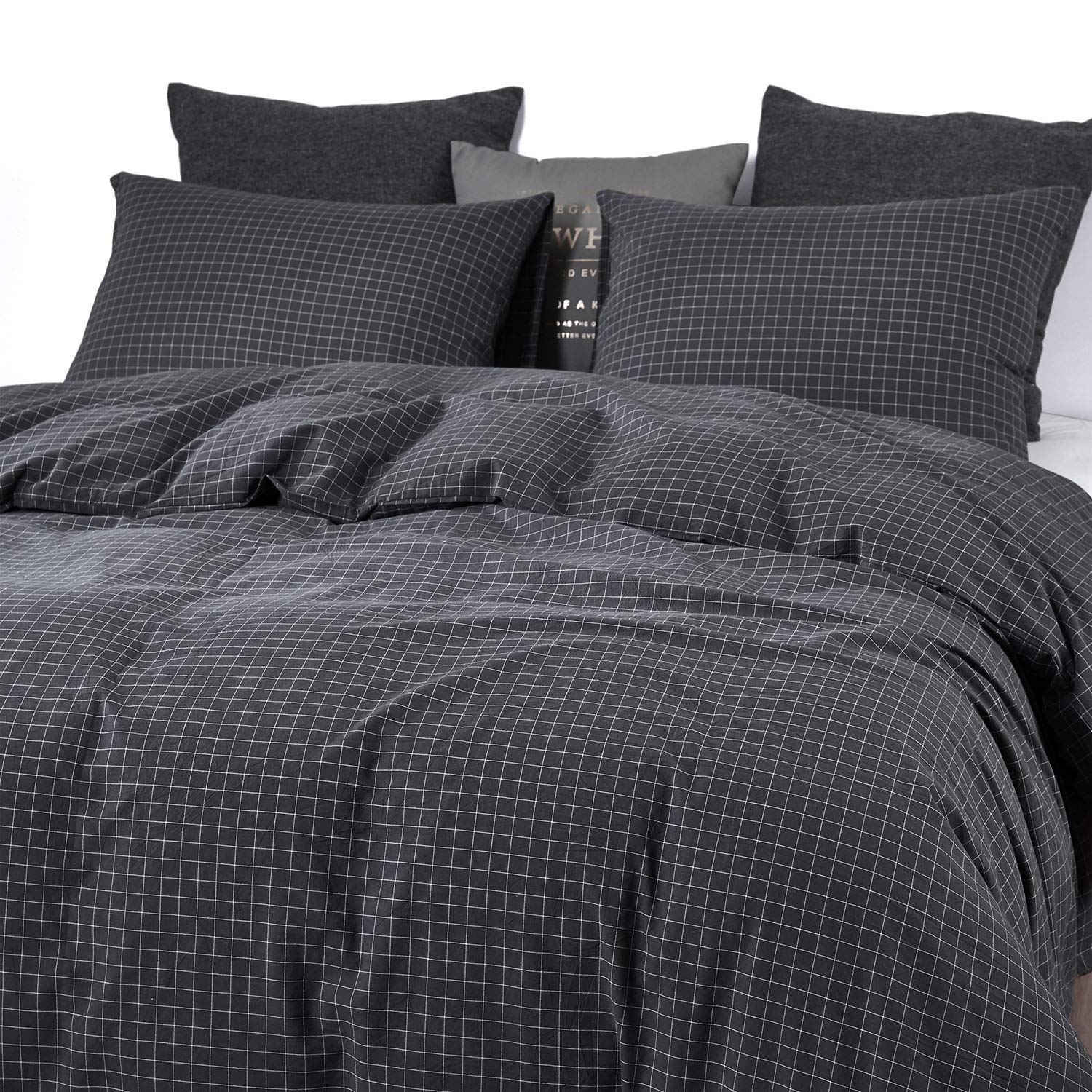 Wake In Cloud - Gray Grid Duvet Cover Set, 100% Washed Cotton Bedding, Dark Grey 8405575661809 