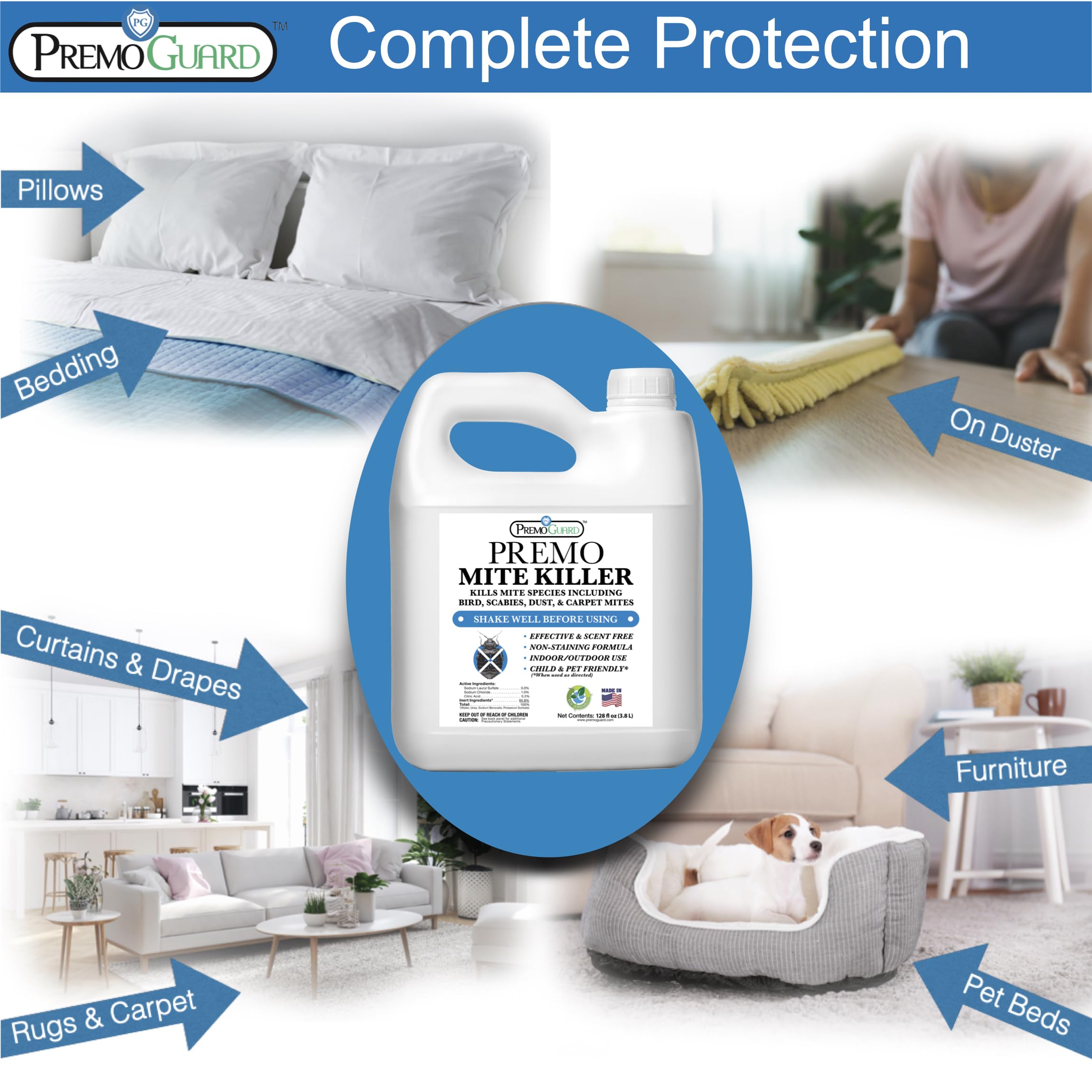 Premo Guard Mite Treatment Spray – 128 oz – Kills Dust, Human, Scabies, Spider, Carpet, Bird, Mouse & Rat Mites in Home, on Furniture, Bedding – Natural Non-Toxic 100% Effective – Child & Pet Safe