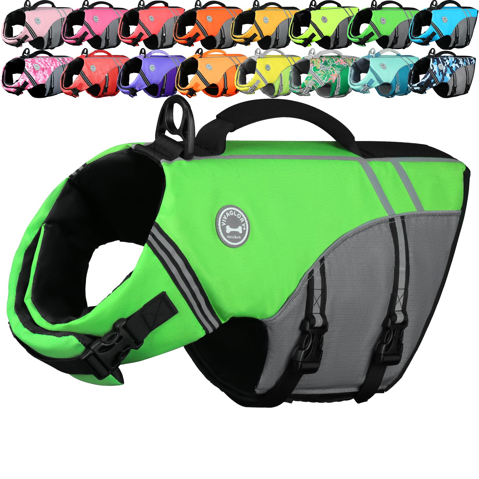 VIVAGLORY Sports Style Dog Life Jacket, Dog Buoyancy Jacket for Swimming & Boating, Ripstop & Buoyancy for Doggy, Life Vest with Handle, M, Bright Green