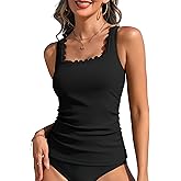 ANFILIA Scalloped Tankini Top Ribbed Bathing Suit Top Women Square Neckline Swimsuit Top