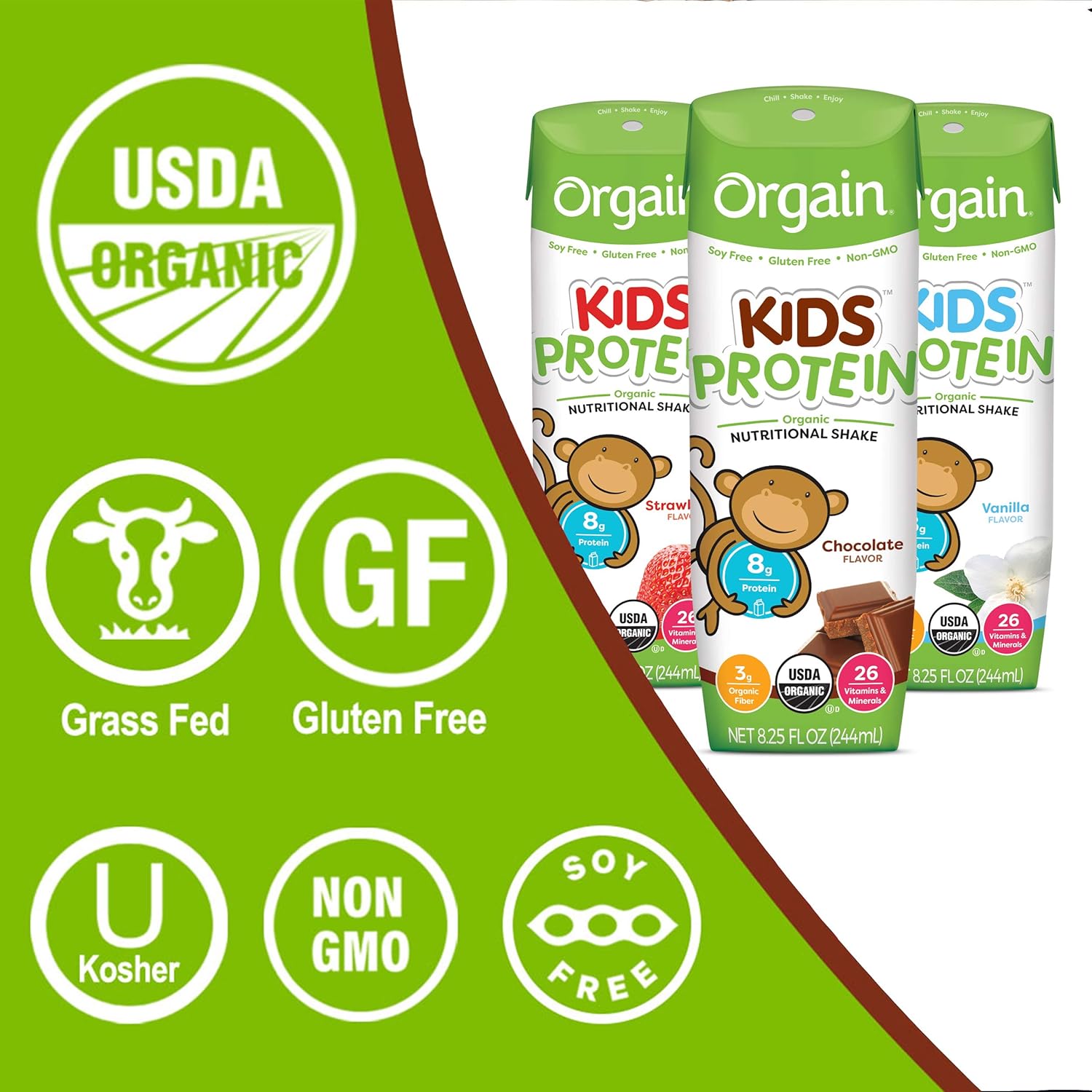 Orgain Organic Kids Protein Nutritional Shake, Chocolate - Great for Breakfast & Snacks, 26 Vitamins & Minerals, 10 Fruits & Vegetables, Gluten Free, 8.25 Ounce, 12 Count (Packaging May Vary) : Meal Replacement Drinks : Grocery & Gourmet Food