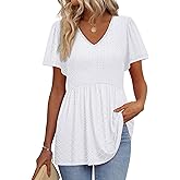 OFEEFAN Womens Summer Tops Babydoll Short Sleeve Shirts Puff Sleeve Peplum Tops V Neck T Shirts