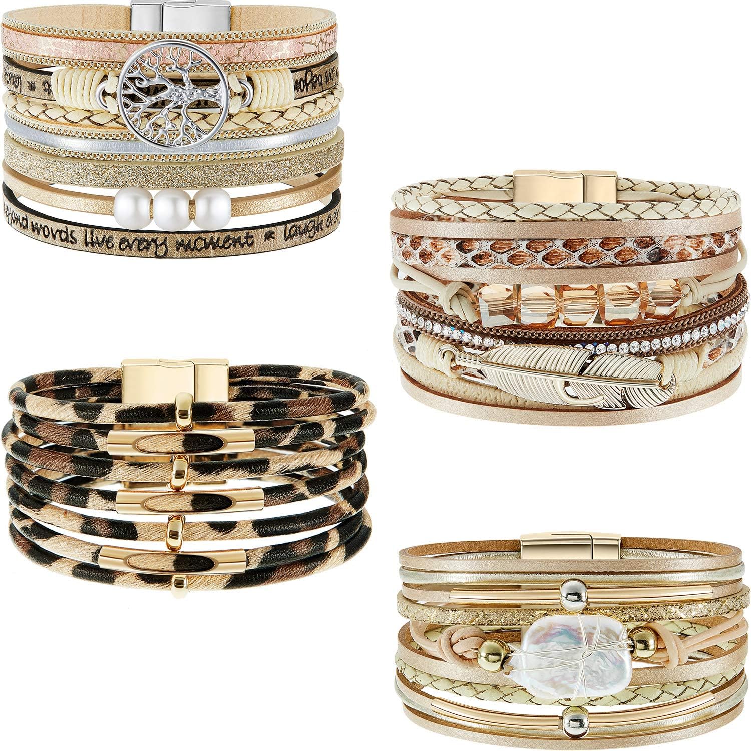 Hicarer 4 Pieces Feather Wrap Bracelet Leopard Bracelets Boho Leather Cuff Bracelets (Classic Style): Jewelry