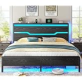 Homkdom King Size Bed Frame with LED Lights & Charging Station, King Bed Frame and Headboard,Metal Bed Frame King Size Heavy Duty,13" Under Bed Storage,No Box Spring Needed, No Noise,Modern Black