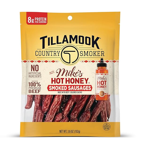 TILLAMOOK COUNTRY SMOKER BEEF SMOKED SAUSAGES, MIKE’S HOT HONEY, 3.6 OUNCE, REAL HARDWOOD SMOKED SAUSAGES, LOW CARB, HIGH PROTEIN, READY TO EAT SWEET & SPICY SNACK
