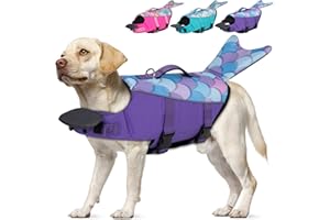 cyeollo Dog Life Jacket Reflective Mermaid Dog Life Vest for Swimming Boating, High Buoyancy Pet Life Preserver Lightweight Small Medium Large Dog Lifejackets with Front Float, Purple L
