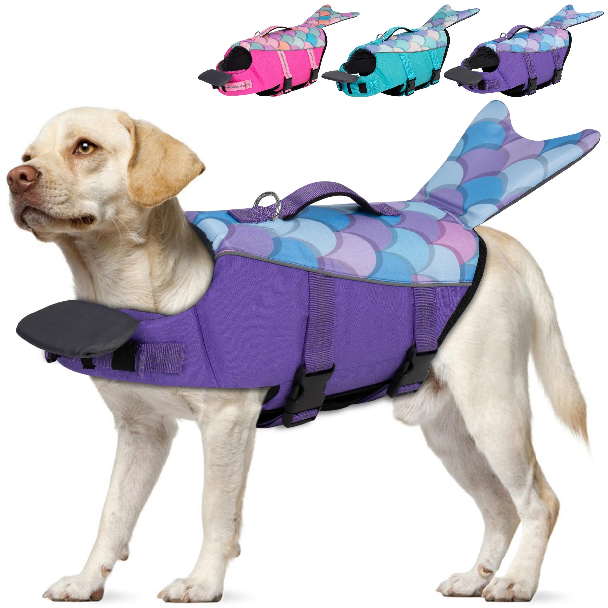 Photo 1 of cyeollo Dog Life Jacket Reflective Mermaid Dog Life Vest for Swimming Boating, High Buoyancy Pet Life Preserver Lightweight Small Medium Large Dog Lifejackets with Front Float, Purple L
