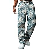 BEAUDRM Men's Floral Jacquard Baggy Pants Retro Drawstring Waist Straight Leg Trousers with Pockets