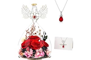 Lafloraita Mothers Day Preserved Rose Gifts for Women Mom Grandma Wife,Glass Angel Figurines with LED Light,Four Real Rose Flowers Red