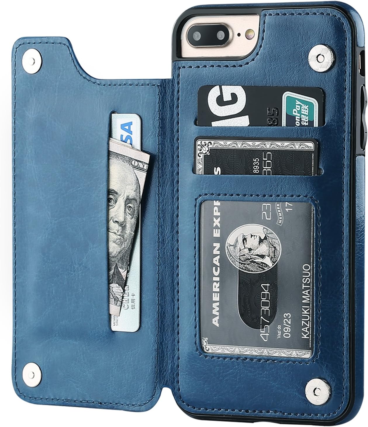 for iPhone 7 Plus/8 Plus Wallet Case with Card Holder,OT ONETOP Premium PU Leather Kickstand Card Slots Case,Double Magnetic Clasp and Durable Shockproof Cover 5.5 Inch(Blue)