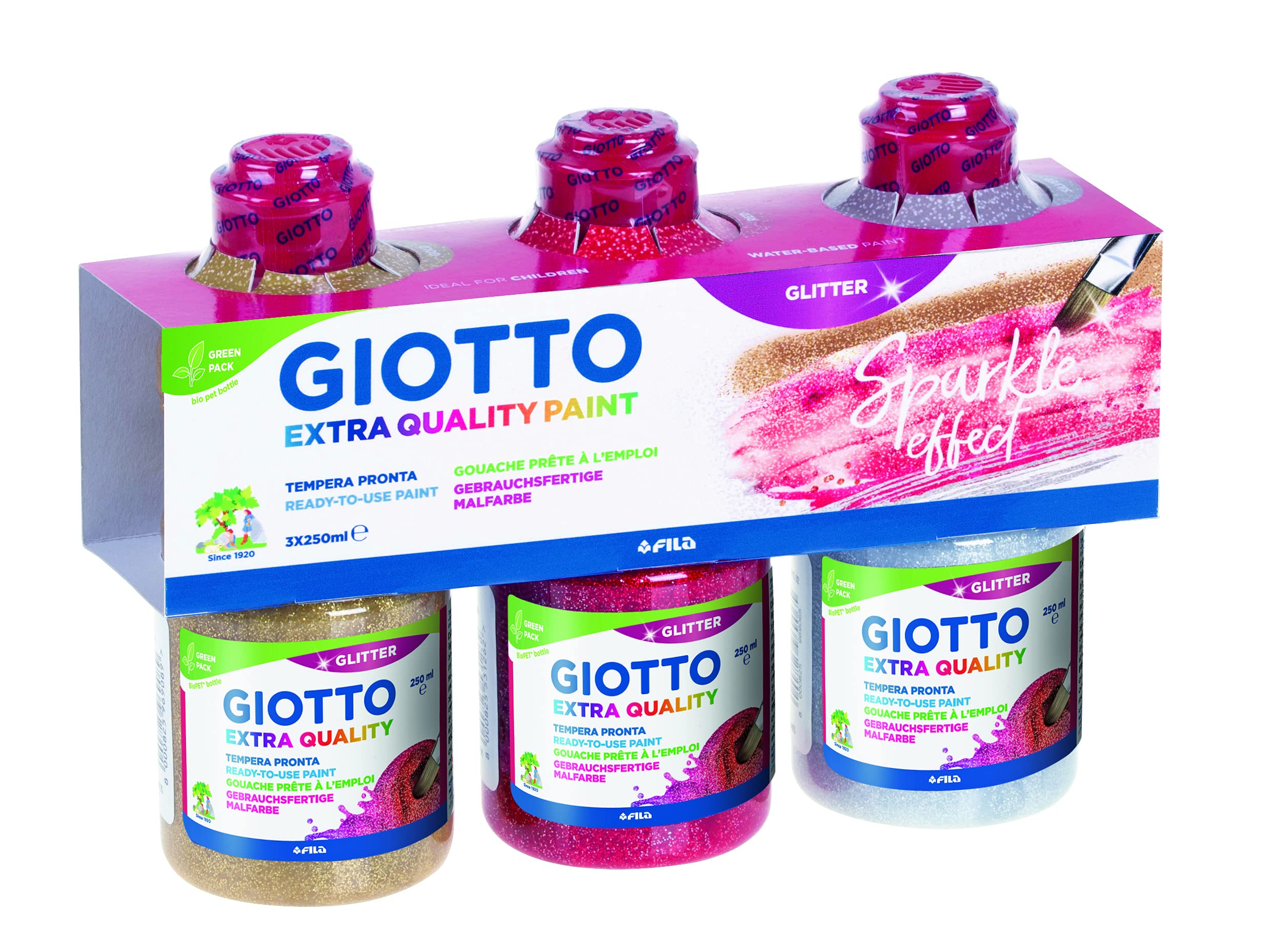 GIOTTO Extra Quality Glitter Paint, Ready To Use, 250ml x 3 Glitter Colours, For Children, Parties and Schools