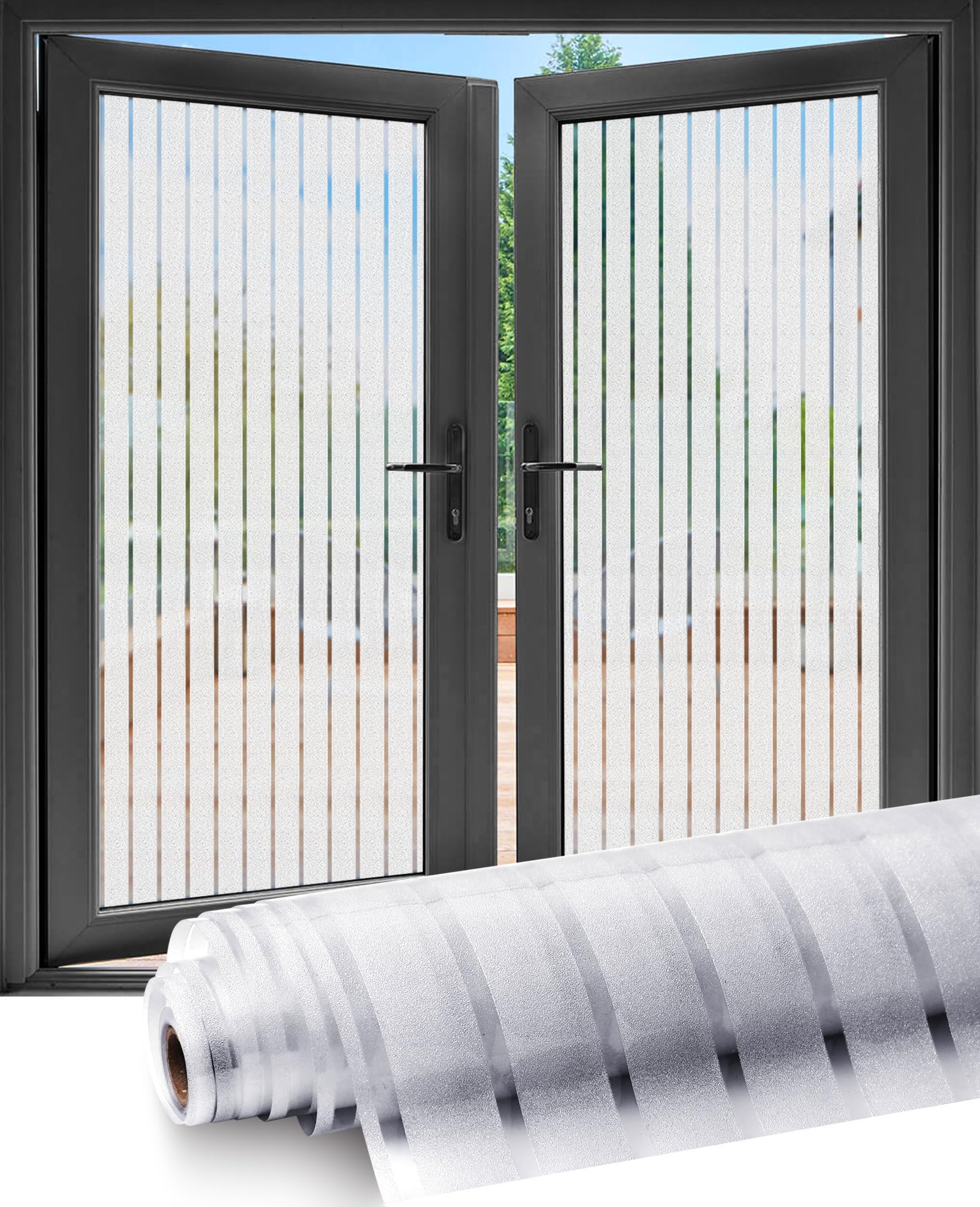 Frosted Window Film Privacy with White Stripe Patterns 115 X 300CM, Shackcom Opaque Window Film Static Cling to Protect Your Family & Anti-UV & Anti-glare for Office Bathroom Home (Vertical Stripe)