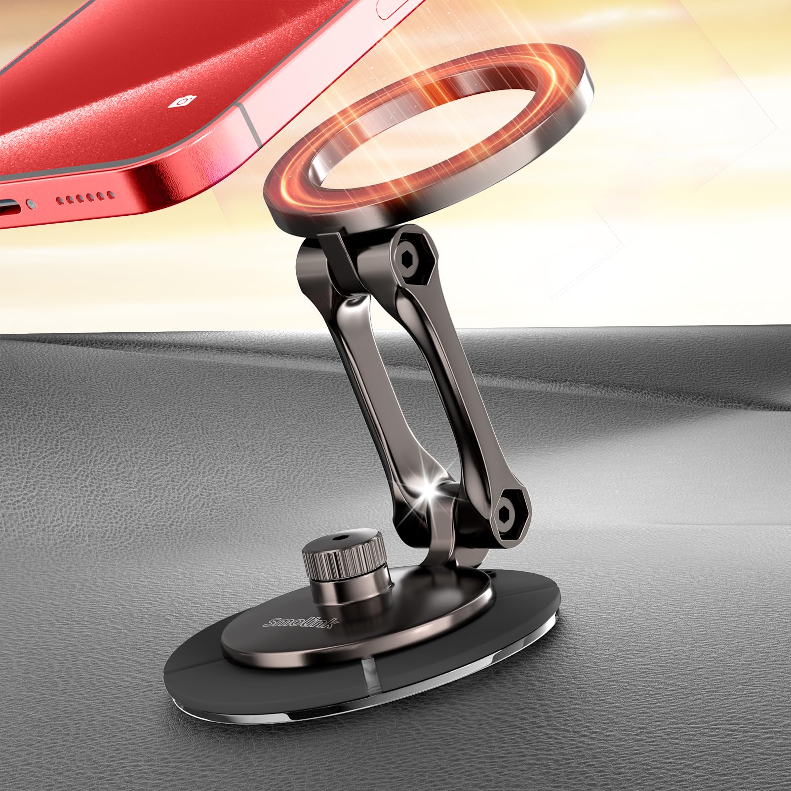 Smolink Tesla Phone Mount, All Metal Strong Magnet Magnetic Phone Holder for Car Dashborad and Tesla Model 3/Y/S/X, Foldable Hidden for MagSafe Car Mount Fit for iPhone All Phones, Red