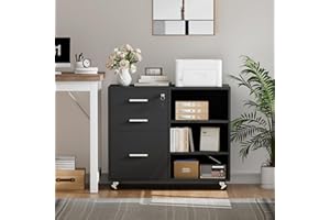 YESHOMY 3 Drawer Mobile File Cabinet, Wooden Lateral Filing Cabinet with 4 Wheels & Adjustable Shelves, Printer Stand Storage Organizer for Home, Office, Dark Black