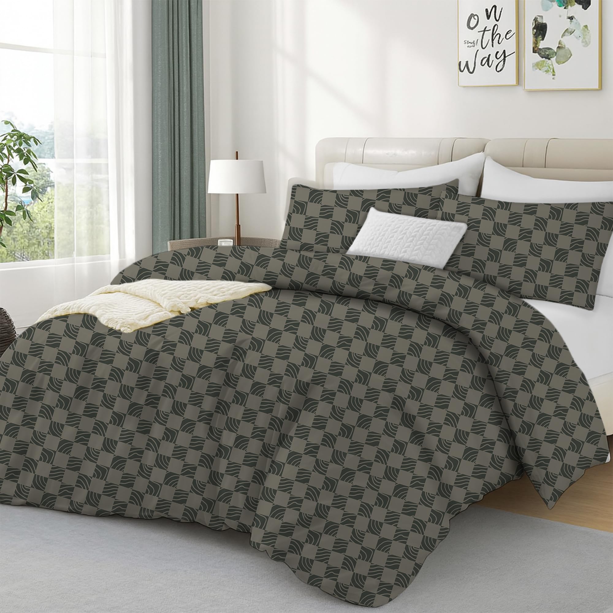 Luxe Dreams Vintage Green Check Double Duvet Cover Set, Quilt Cover with 2 Pillowcases, 200 x 200cm Soft & Silky bedlinen Set with Zip Closure