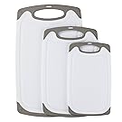 Premium Plastic Cutting Board Set By Wahilulu - 3 pc Non-Slip Kitchen Essential Chopping Board Kit - Dishwasher Safe - Non-Slip Rubber Ends & Handles - Anti-Drip Juice Groove Lip (Large, Grey)