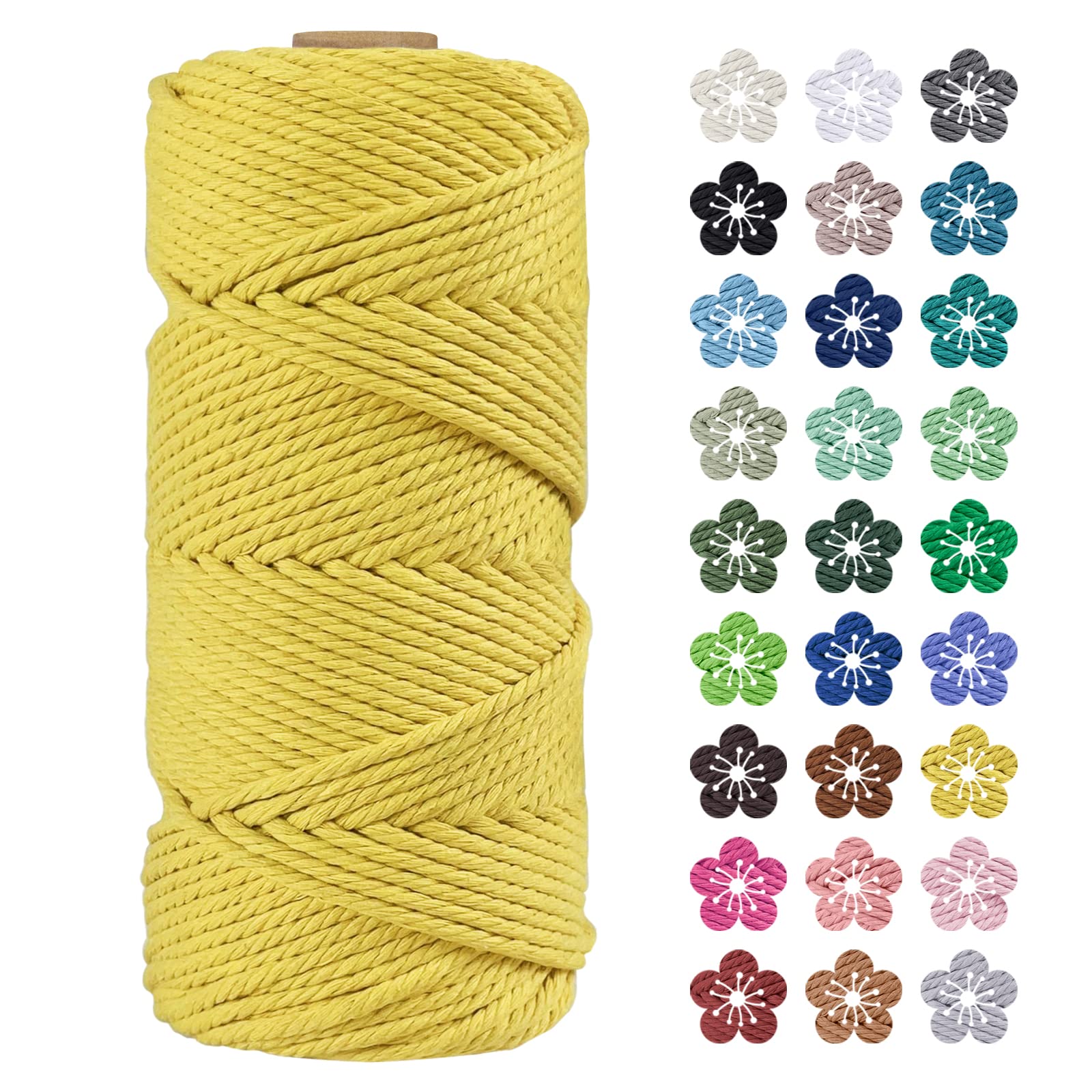 LEREATI Macrame Cord 4mm x 100m, Thick Macrame Rope Natural Cotton Rope Craft String, 4 Strand Twisted Cotton Cord Yarn for DIY Plant Hanger, Wall Hanging, Christmas Decoration (Lemon yellow)