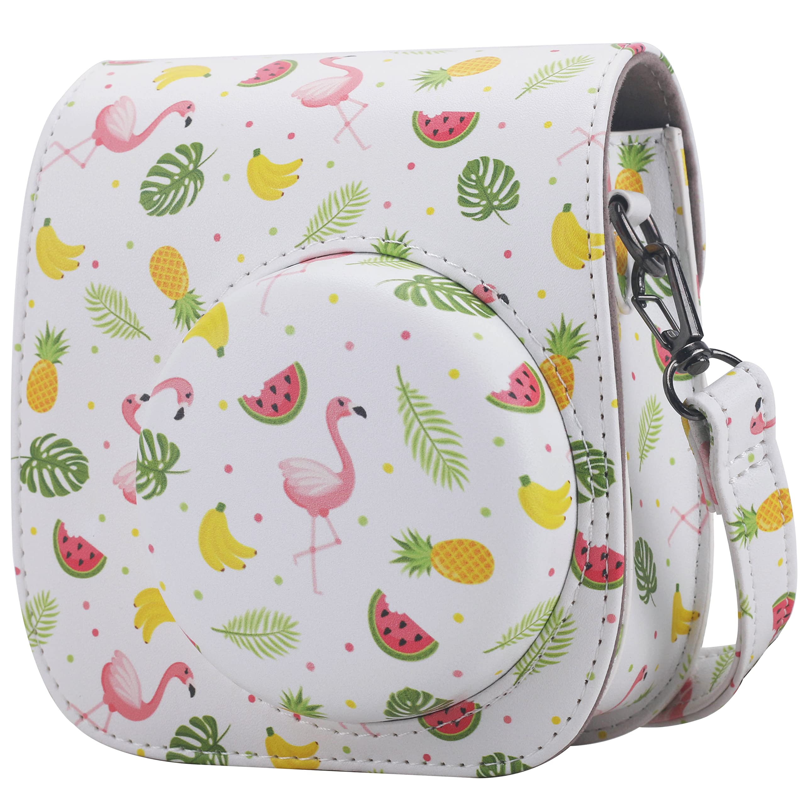 Frankmate Protective Case Compatible with Fujifilm Instax Mini 12 11 9 8 Instant Film Camera with Accessory Pocket and Adjustable Strap (Fruit Flamingo)